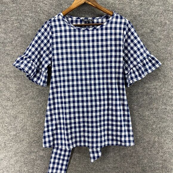 Shop Basic Tops - Shop Basic Blouse Women M Medium Blue Plaid Short Sleeve Belted Crew Neck Cotton